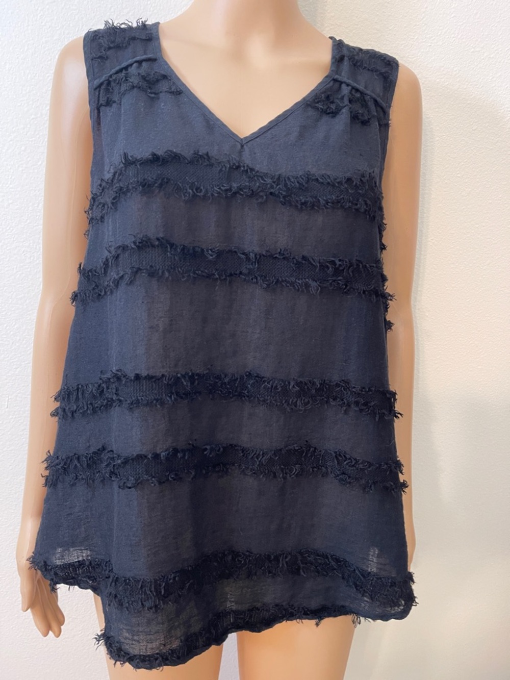 Vince Camuto True Black Sleeveless Fringed V-Neck Top
